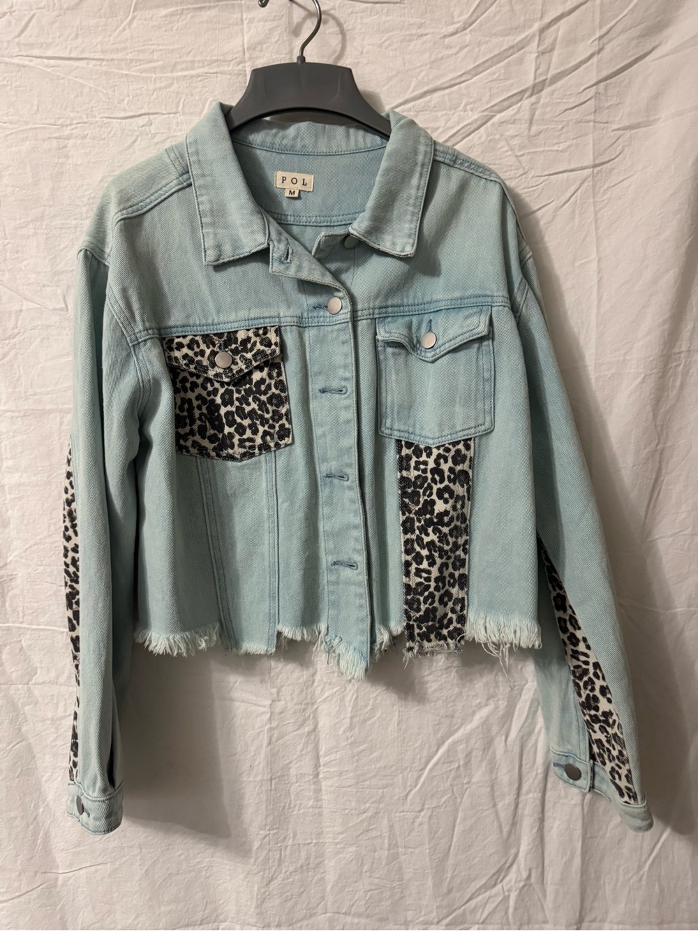 POL Pale Blue Cropped Denim Jacket with Leopard Panels